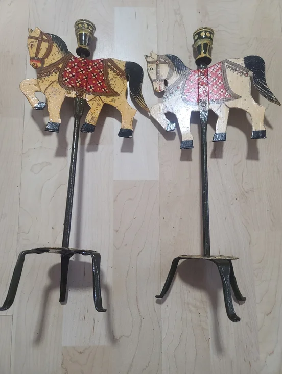 Pier 1 Tall Wrought Iron Hand-Painted Folk Carousel Horse Wall Candle Holders X2