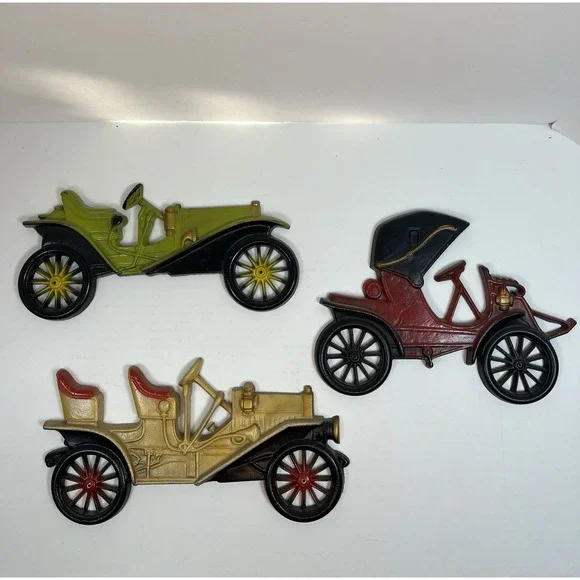 Vintage Midwest Cast Metal Antique Cars Wall Hanging Plaques Complete Set of 3