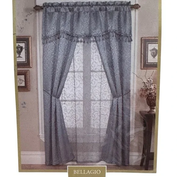 6 Piece Window Curtain Set BELLAGIO Blue Valance Tie Backs Lace Liner Elegant A3