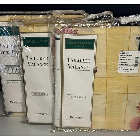 Vintage Croscill Botanica Valance & Tier Pair Set Yellow Multi NEW Floral Plaid‎