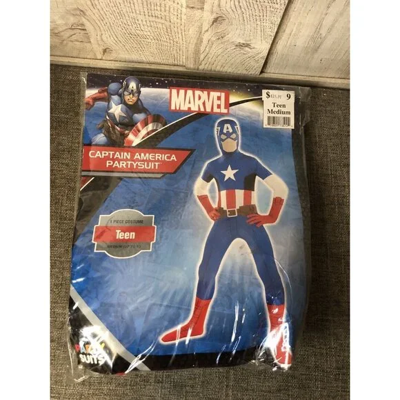 Boy's Captain America Partysuit Jumpsuit 1 Pc Costume Size Teen Medium up to 5'