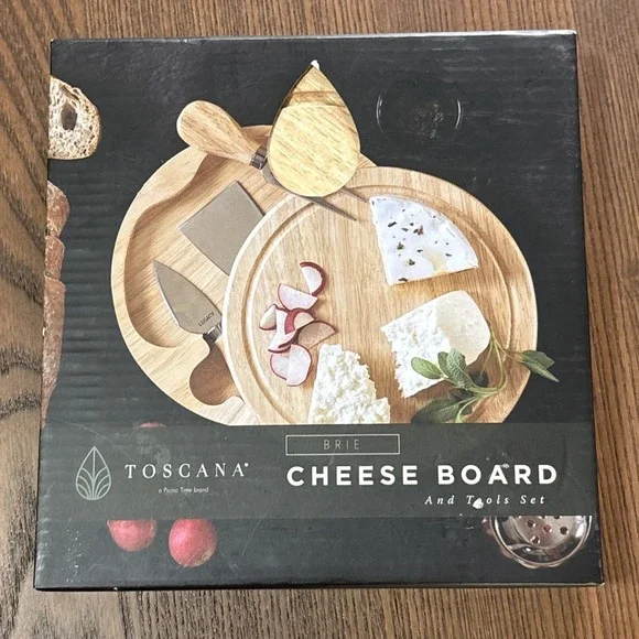 Toscana Wood Cheese Board Round Acacia Brie Tools Knife Set Charcuterie 7 Inch