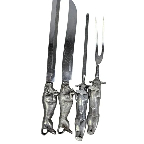 Vintage Bruce Fox Solingen Germany Bull Steer‎ Carving Set 4pc Chrome Steel MCM
