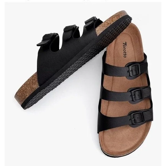 NWT Torotto Mens Slides with Cork Footbed Open Toe Flat Sandals,Black, Size 44