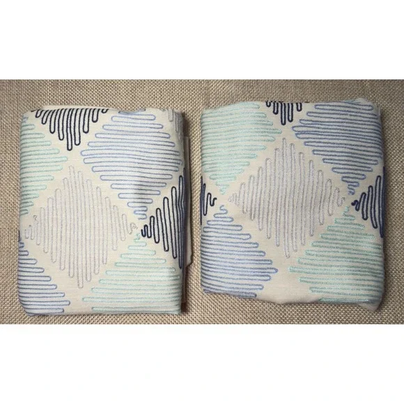 Threshold Curtain Panel Set Tan Zig Zag Embroidered Boho Blue Geometric