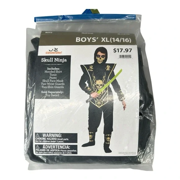 Celebrate Boys Skull Ninja Costume‎ Size X-Large 14-16 Halloween trick or Treat