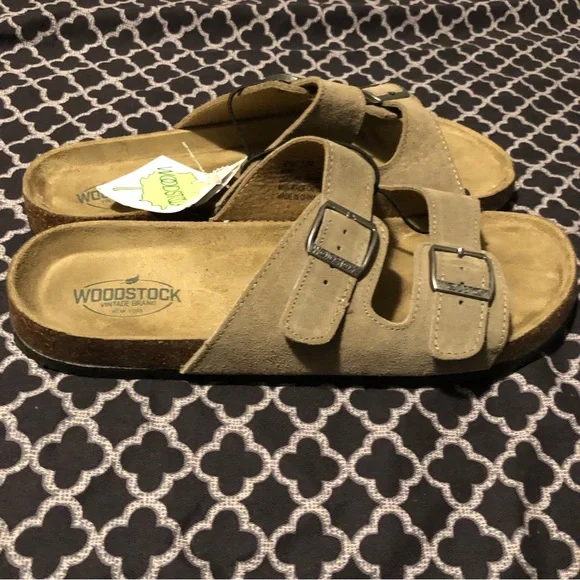 Woodstock Wear Sz 12 Suede Leather Sandals Slide Bert Buckle Brown Retro