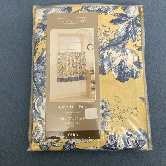 Home Trends Tara Yellow w/Blue Floral Pattern & Blue Stripe Bottom One Tier Pair