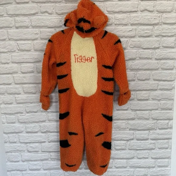 DISNEY STORE Tigger Kids Costume Size 4-6 Orange Full Body Fleece Warm Fast Ship