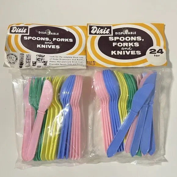 Vintage Dixie Disposable Forks Spoons Knives 48 Pastel Small USA Pink Blue Green