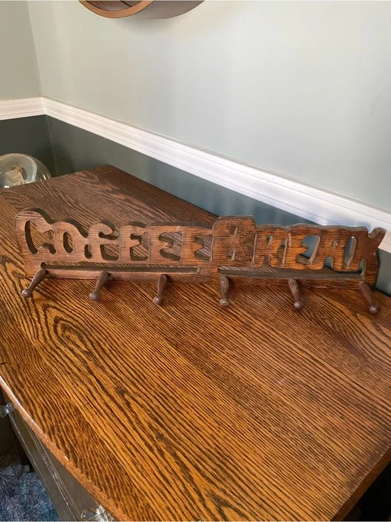 Vintage MCM Wooden Coffee Mug Holder “Coffee Break