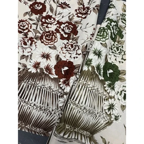 Mid Century Two Tone Floral Bamboo Curtain Panel Set - A Pair 86