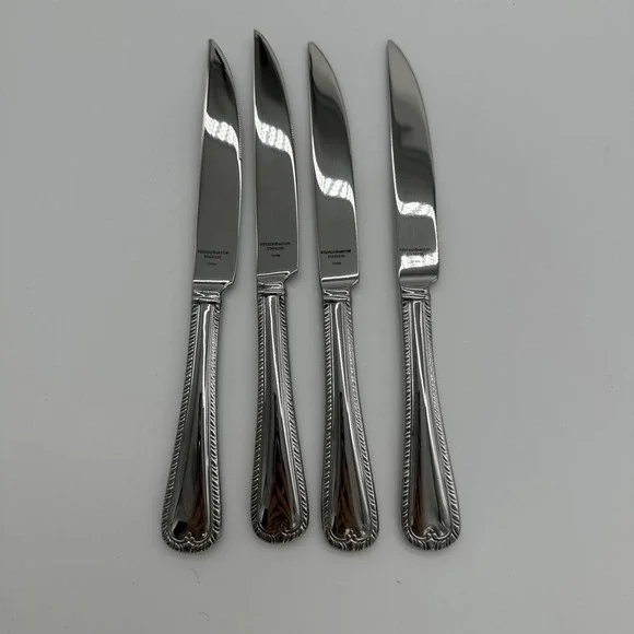 Reed & Barton Steak Knives Set of 4 Rope Edge Stainless Steel Silver 9 inch