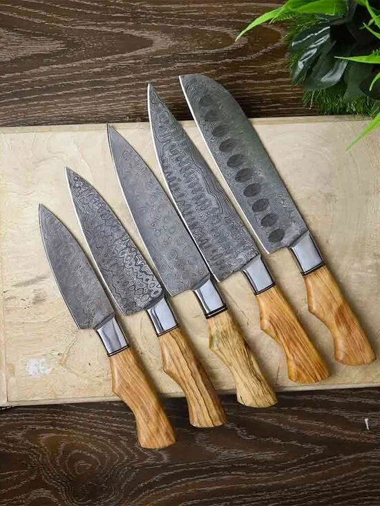 Damascus Kitchen Knife Set 5PC Olive Wood & Brass Handle Chef Knives