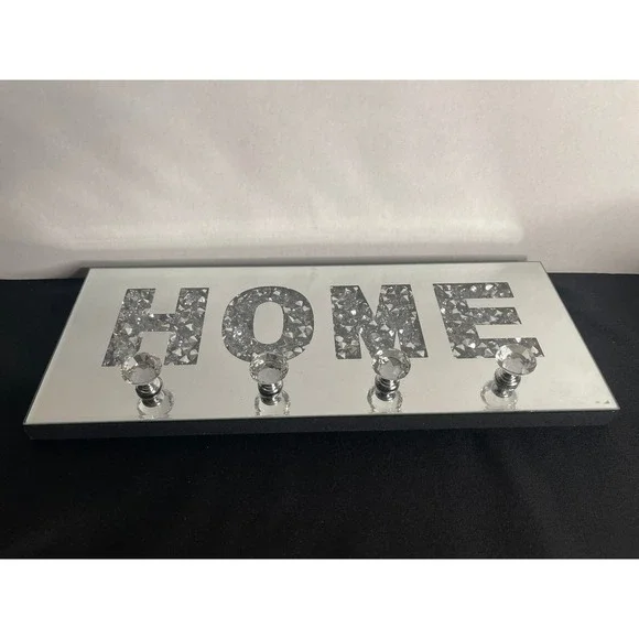 Mirrored Crushed Diamond HOME Wall Hook Rack Silver Crystal Key Holder 16in