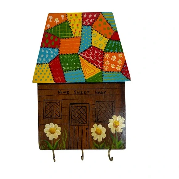 Vintage Hand Painted Key Rack Home Sweet Home Patchwork Wood Folk Art Whimsy