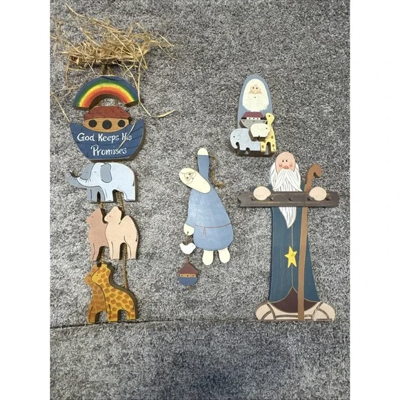 Noah's Ark Hand Painted Wood Hanging Decor Vtg Lot Of 4 See Description