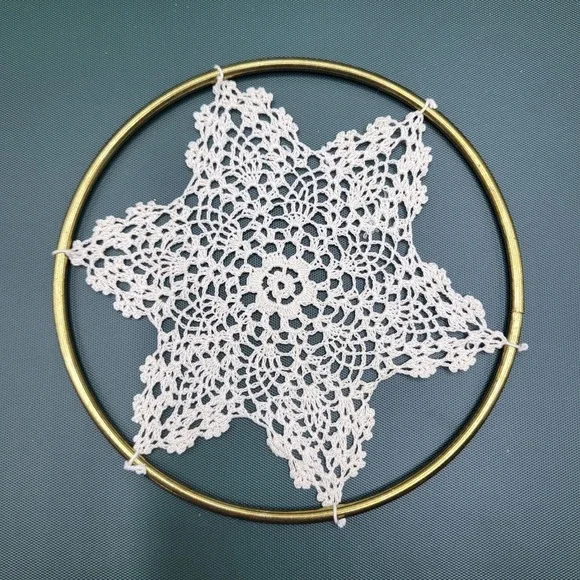 Vintage Crochet Snowflake Doily Gold Metal Hoop Handmade Lace Wall Art Decor 5