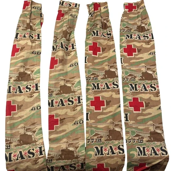 Vintage MASH 4077th Camouflage Curtains 4 Panels Red Cross Helicopter 58x35