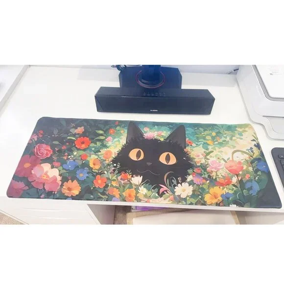 31x 11.5'' Black Cat in Floral Garden Extended Mouse Pad for Home Office