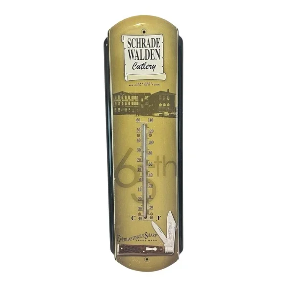 Vintage Schrade Walden Cutlery Metal Thermometer Advertising Wall Sign 17.5x4.5