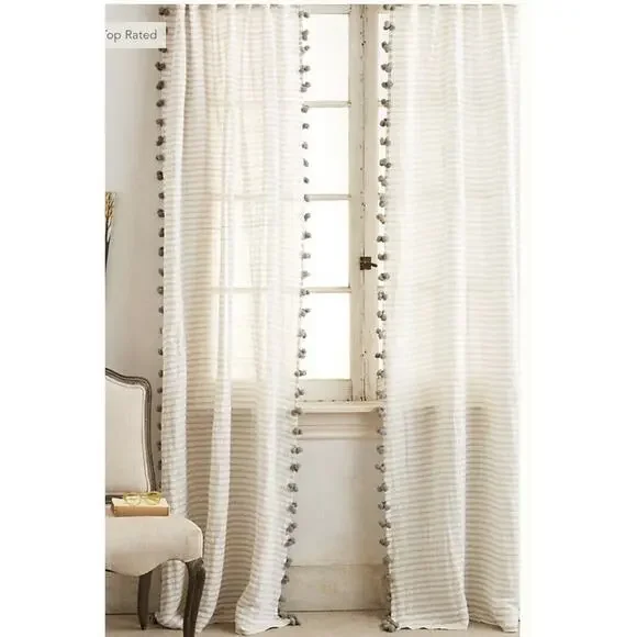 Anthropologie Pom Tassel Curtain Gray single 50 x 84 NEW
