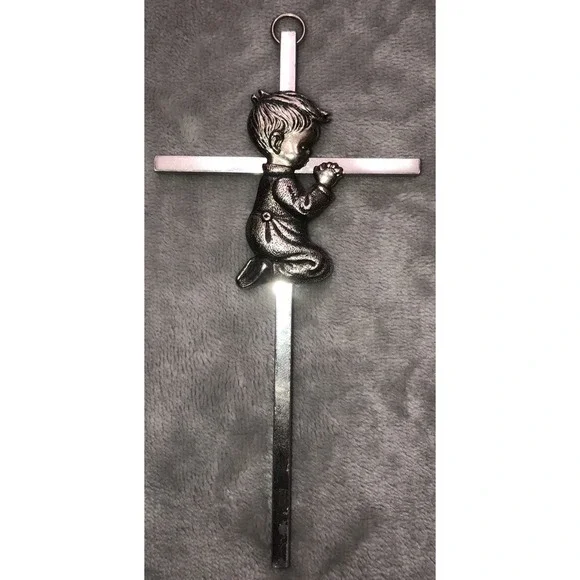 Childrens Hanging Nursery Wall Cross‎ w Praying Boy Silver Tone 6