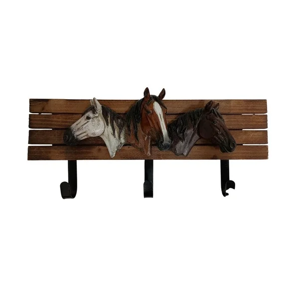 VTG Horse Head Wood Wall Hanging Rack 3 Hook Brown Western Cowboy Hat Coat Rack