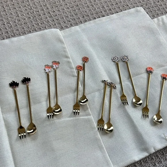 Gold Cocktail Fork and Spoon Set with Halloween themed Decorative Handles 6/12