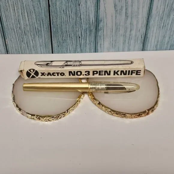 Vintage X-ACTO Pen Knife Gold Tone Metal Barrel NO. 3 Safety Cap Pocket Clip Box