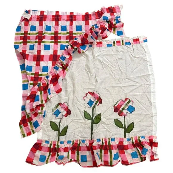 Vintage Red Checkered Floral 1/2 Window Valance/Panel, Apron, Fabric Ruffled Hem