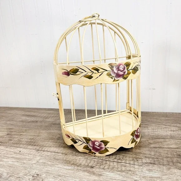 Vintage Hanging Birdcage with Purple Flowers, Cream Wall Decor