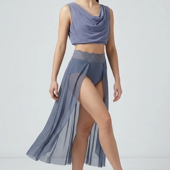 Balera Slate Blue Mesh Cowl Neck Crop Top and Lace Waistband Skirt CS