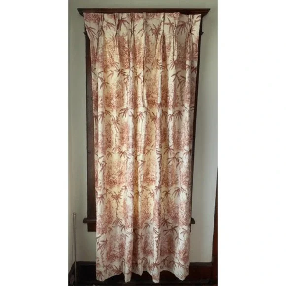 Vintage Red Toile Palm Tree Cotton Pinch Pleat Heavy Curtain Panels Pair 82 In