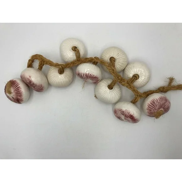 10 Ceramic White Red Purple Onions on Braided Jute Rope Wall Hanging Decor