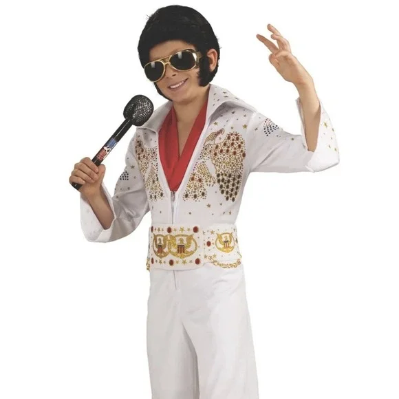 Child Boy Kid 1970s 70s ELVIS Costume Jumpsuit Scarf Belt Glasses Wig Sz‎ L 12