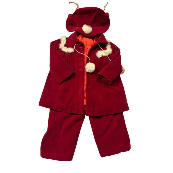 Vintage 40s/50s Handmade Red Velvet Baby Christmas Set Jacket Pants Hat As Is