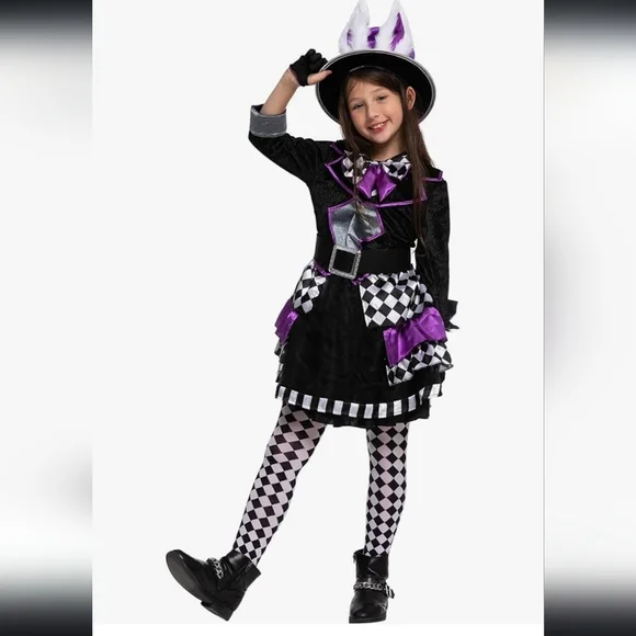 Kids Mad Hatter Costume Deluxe Alice Wonderland Dress Outfit L 10-12 Set