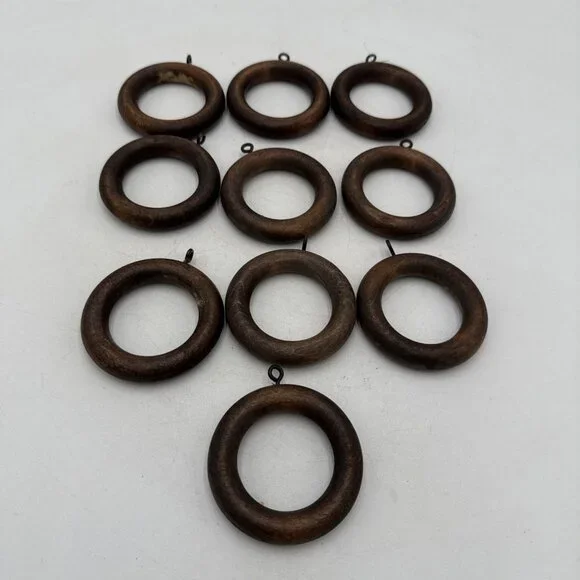 Solid Wood Curtain Rings Lot 10 Brown Drapery Rod Hooks 1.75