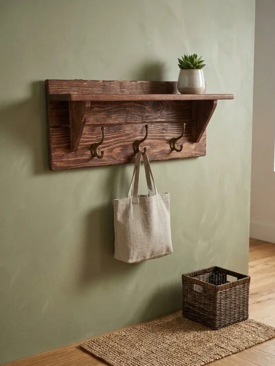 Rustic Wooden Wall Shelf with Cast Iron Hooks - Brown