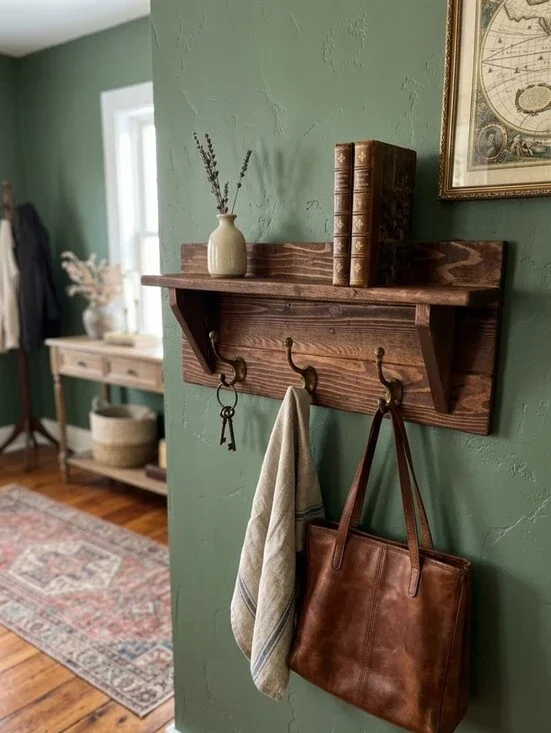 Rustic Wood Wall Shelf with Hooks - Brown