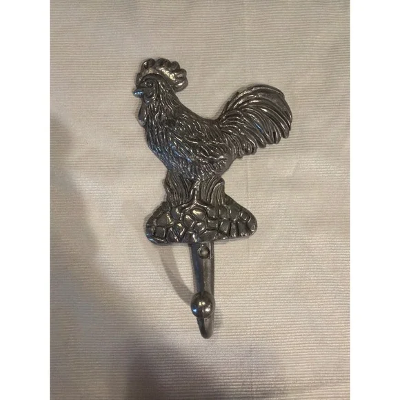 Vintage Pewter Rooster Wall Hook Metal Farmhouse Kitchen Coat Key Rack Silver