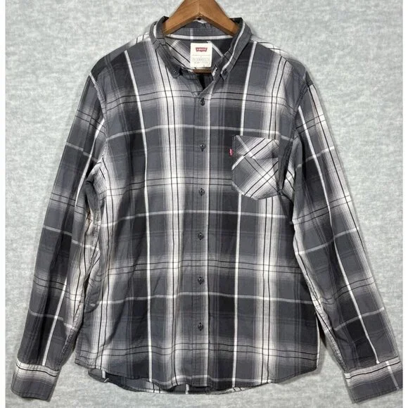 Levi's Gray Plaid Long Sleeve‎ Button Up Mens Shirt Size L