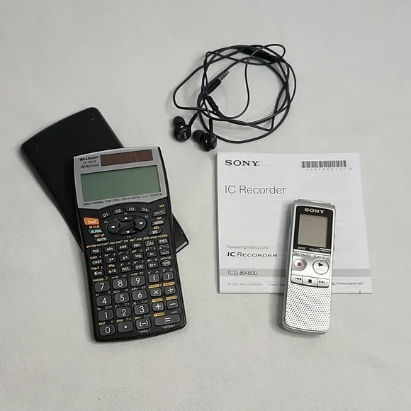 Sony ICD-BX800 Recorder, headphones and Sharp EL-W516 Calculator