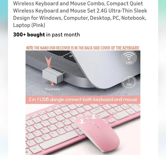 Pink Wireless Keyboard and Mouse Combo Thin Super Cute Pink And White New For De