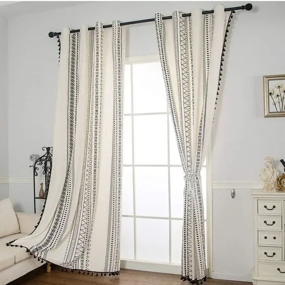 Bohemian Cotton Linen Curtain Panel with Tassels Geometric Print Farmhouse