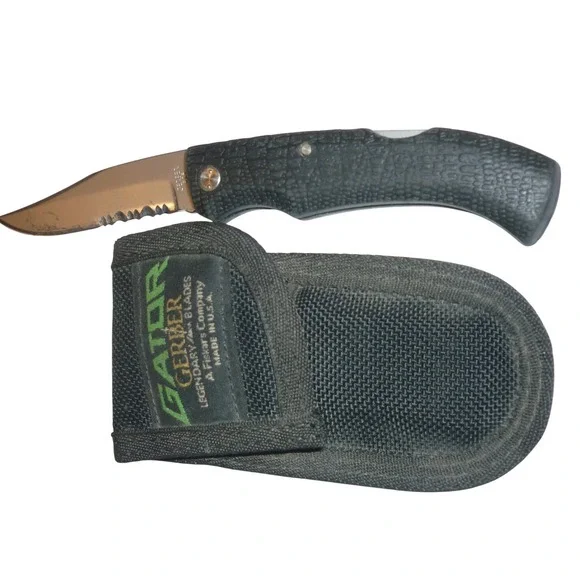 Vintage Gerber Gator 625 Folding Knife Partially Serrated USA Made With Sheath