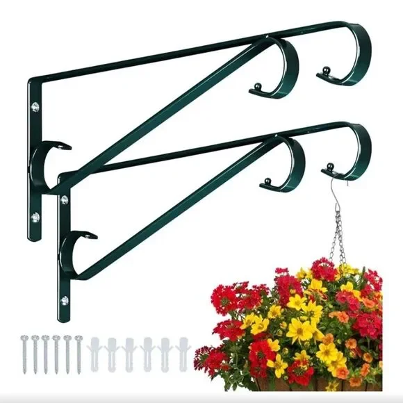 NEW 2-Pack Green Outdoor Metal Wall Bracket Plant Hangers