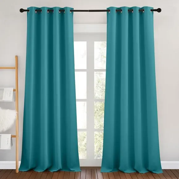 Ser of 2 Panels, W46 x L96 Inches, Peacock Teal Blackout Bedroom Curtains