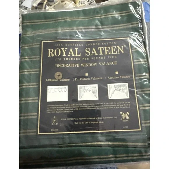 Vintage Royal Sateen Egyptian Cotton Window Valance Green Striped NOS Package